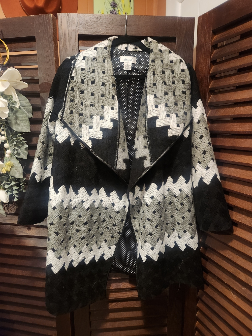 Vintage Black and Gray Patterned Open-Front Pea Coat